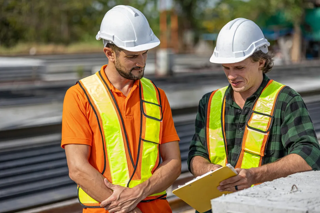 Construction workers reviewing job-site plans — illustrative stock photo, not an actual Las Vegas inspection.